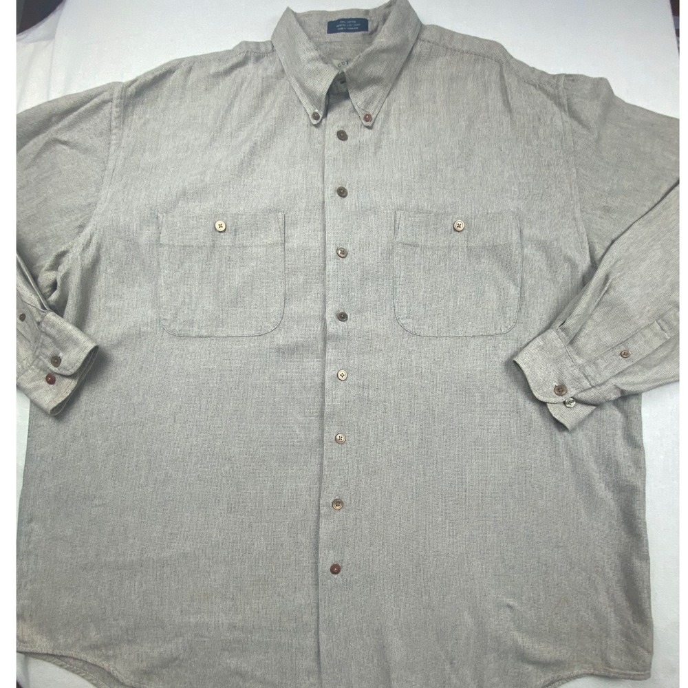 Cutter & Buck Mens 2XT Tall Button Down Shirt Cotton Tan Navy Micro Pattern Logo
